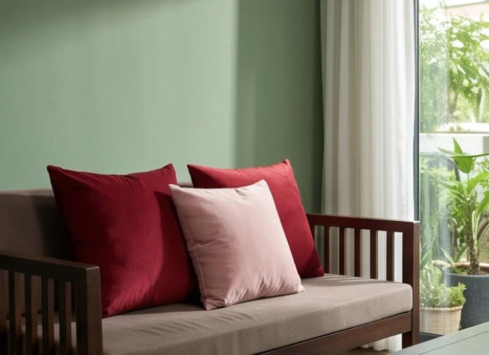 Phòng khách nội thất màu xanh lục điểm xuyết gối tựa màu đỏ và hồng đem lại năng lượng tích cực cho mệnh Hỏa