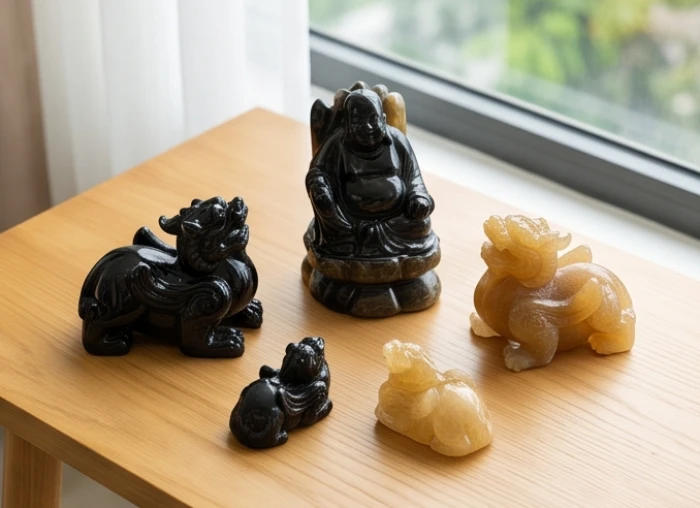 Các mẫu tượng linh vật bằng đá tự nhiên với màu xanh đen và vàng đất được trưng bày dưới ánh sáng tự nhiên