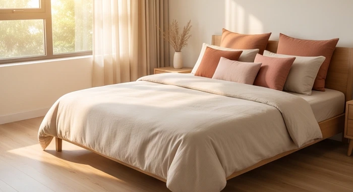 Giường ngủ màu be nhạt được tạo điểm nhấn bằng những chiếc gối tựa màu cam đất ấm áp