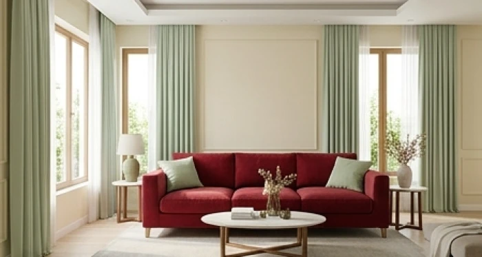 Phòng khách sơn tường màu kem kết hợp rèm xanh nhạt và sofa điểm nhấn đỏ đúng tỷ lệ phong thủy cho mệnh Hỏa