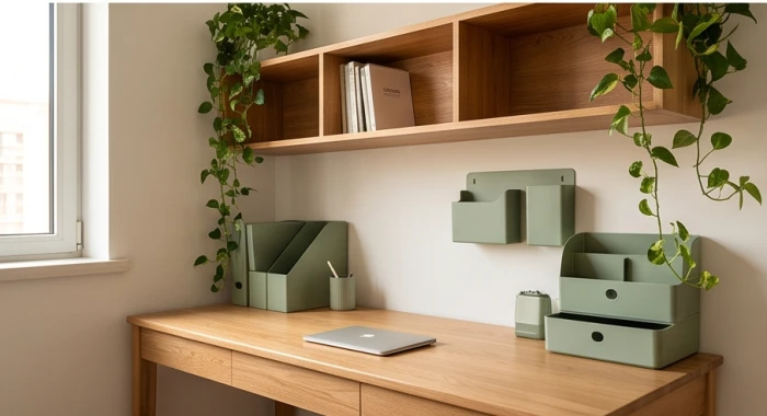 Góc học tập chủ đạo màu xanh lá cây và nội thất vân gỗ tự nhiên hợp mệnh Hỏa của học sinh sinh năm 2008