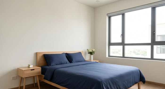 Phòng ngủ hiện đại sơn tường màu trắng ga giường xanh dương cùng chiếc tủ đầu giường gỗ ấm áp chuẩn phong thủy