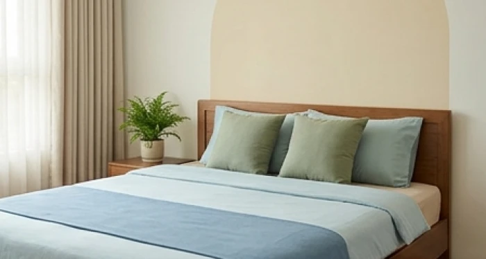 Phòng ngủ phối màu xanh ngọc bích và xanh dương nhạt thanh bình hợp mệnh mộc tuổi tân mão