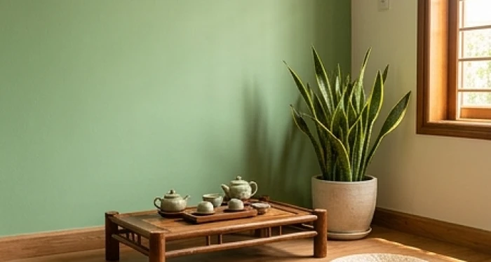 Góc phòng khách trang trí tông màu xanh lá cây tương sinh cho người mệnh hỏa
