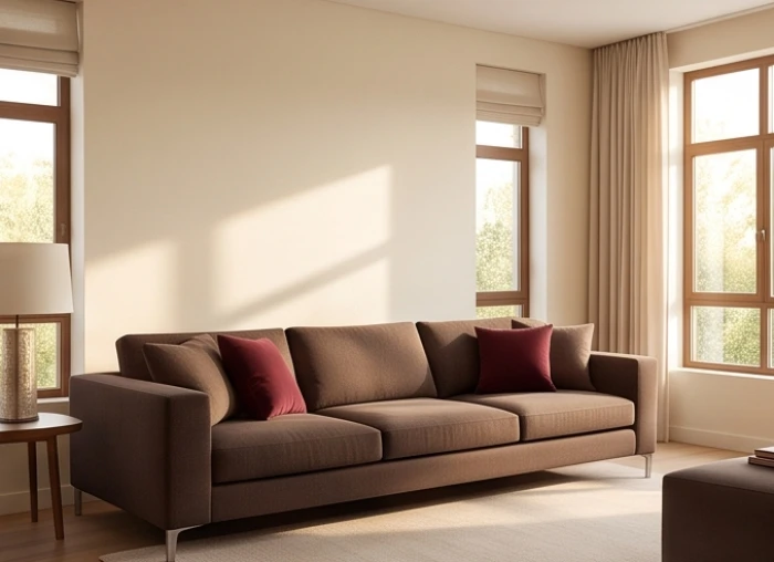 Phòng khách phong thủy hợp mệnh Thổ với tường vàng kem và sofa nâu đất điểm xuyết gối đỏ trầm sang trọng