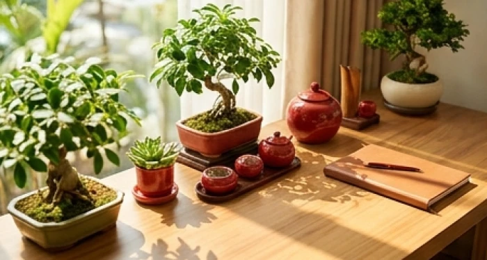 Góc làm việc phối màu xanh lá cây và phụ kiện trang trí gam màu đỏ ấm áp hợp phong thủy