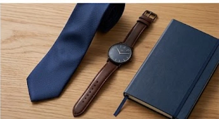 Các phụ kiện trang phục gồm cà vạt xanh navy và đồng hồ mặt đen được xếp gọn gàng