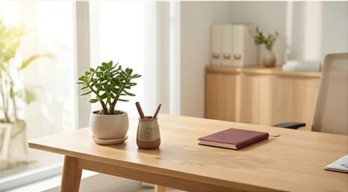Bàn làm việc gọn gàng của nữ mạng bính dần trang trí chậu cây xanh lục và vật dụng màu ấm