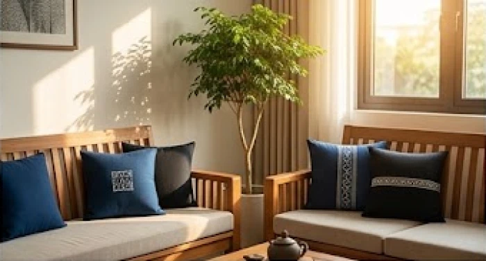 Không gian nội thất sử dụng tông màu xanh thẫm và đen để nuôi dưỡng bản mệnh Bình Địa Mộc