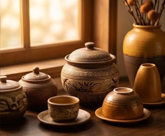 Các vật dụng trang trí nội thất màu vàng gốm và nâu đất giúp cân bằng năng lượng Thiên Thượng Hỏa cho tuổi 1978