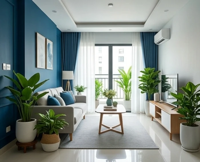 Phòng khách hiện đại phối màu xanh nước biển chủ đạo và điểm xuyết chậu cây xanh lá tương sinh