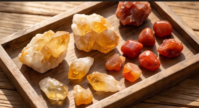 Bộ sưu tập đá quý phong thủy với các tông màu vàng sậm và cam đỏ rực rỡ đặt trên khay gỗ mộc