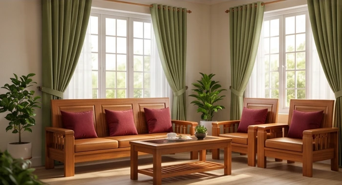 Phòng khách gỗ trang bị rèm cửa màu xanh rêu kết hợp gối tựa sofa màu đỏ thẫm hợp ngũ hành