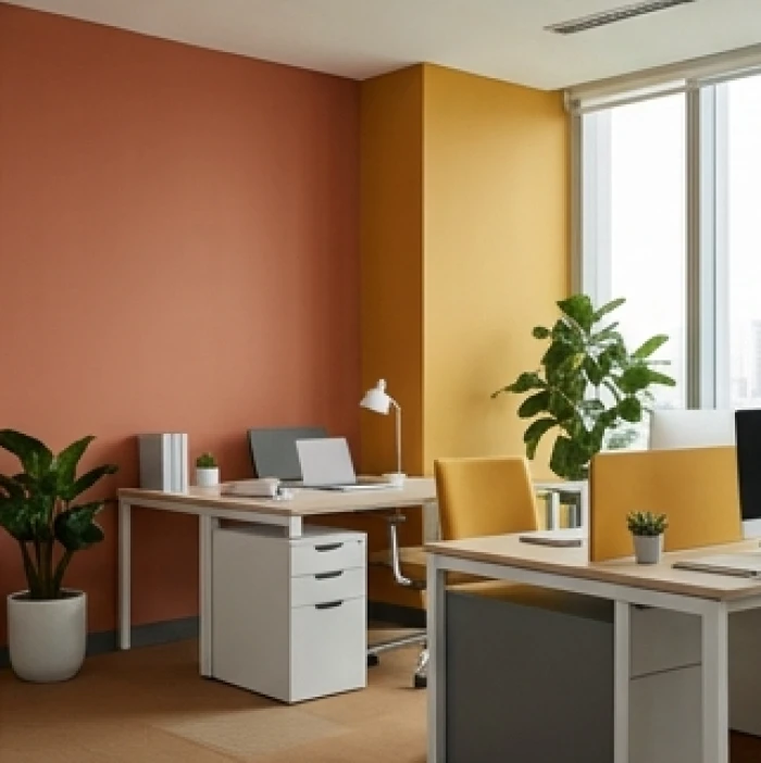 Không gian làm việc phối màu vàng sậm và xám trắng hợp phong thủy tuổi Quý Dậu cân bằng năng lượng