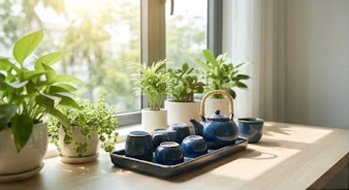 Không gian làm việc bài trí cây xanh và các vật phẩm phong thủy màu xanh nước biển giúp kích hoạt tài lộc