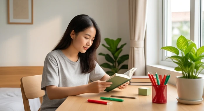 Góc học tập bài trí đồ dùng màu xanh lục và đỏ hợp bản mệnh Tích Lịch Hỏa giúp học sinh tuổi Sửu tăng tập trung