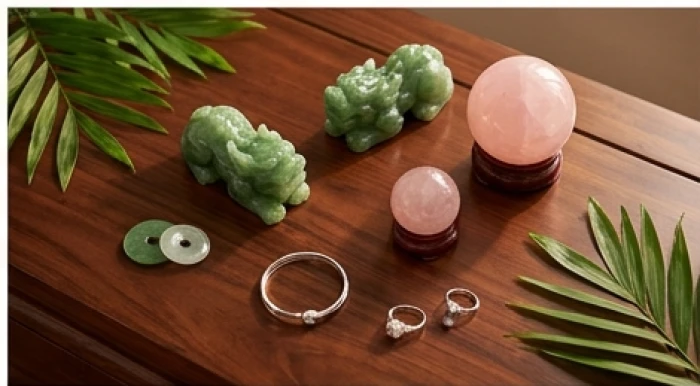 Bộ sưu tập đá phong thủy ngọc bích và thạch anh hồng bài trí hài hòa bên trang sức bạc thanh lịch