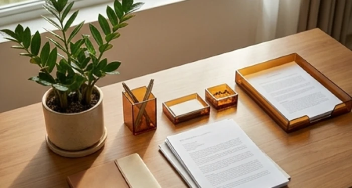 Bàn làm việc bài trí cây kim tiền và các vật phẩm màu sắc tương sinh cho người mệnh Đại Trạch Thổ