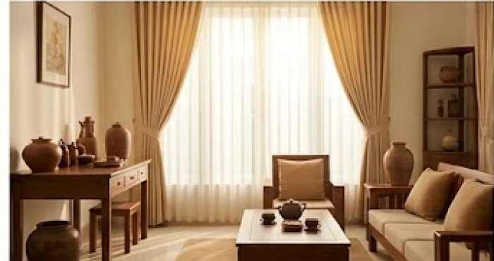 Phòng khách ngăn nắp với rèm kem ấm áp và bình gốm nâu đất giúp cân bằng năng lượng cho người tuổi Quý Mão