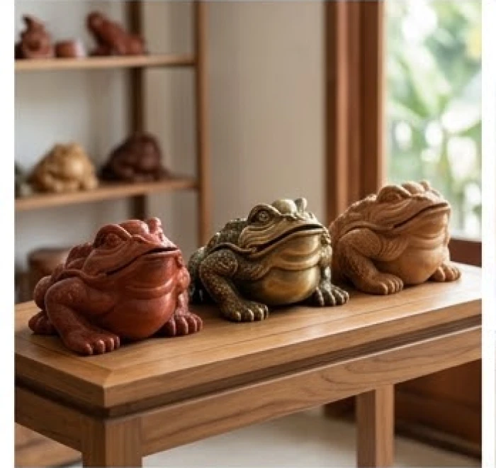 Ba mẫu tượng cóc ba chân với các chất liệu đá đỏ, đồng nguyên chất và gỗ ngọc am đặt cạnh nhau