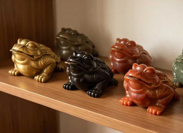 Các mẫu tượng thiềm thừ bằng đồng vàng và đá thạch anh tự nhiên với màu sắc hợp ngũ hành