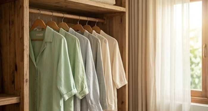 Góc tủ quần áo gồm các trang phục màu xanh lá nhạt và xám trung tính giúp cân bằng Hỏa khí cho người sinh mùa hạ