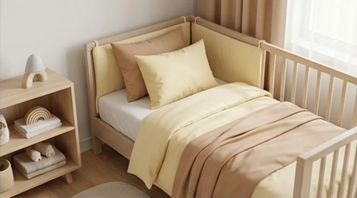 Góc phòng ngủ trẻ em bố trí chăn ga màu vàng nhạt và nâu đất hợp ngũ hành tương sinh