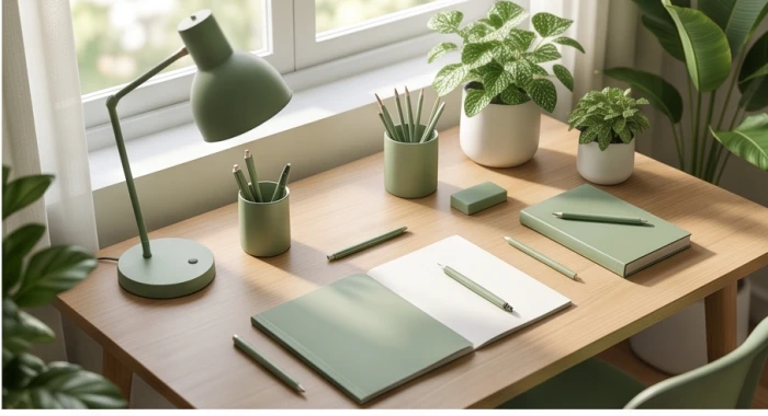 Góc học tập trang trí tông màu xanh lá dịu mắt hỗ trợ năng lượng cho người mệnh Tích Lịch Hỏa
