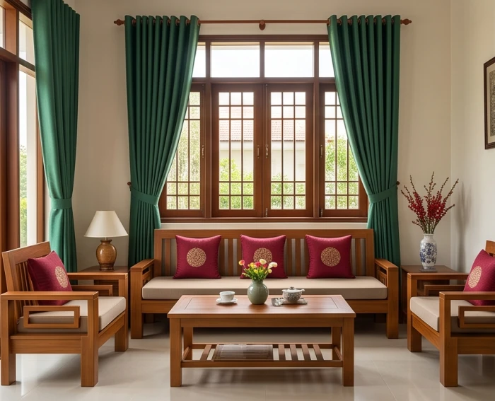 Phối màu nội thất phòng khách tông xanh ngọc lục bảo và đỏ êm dịu cho người kỷ sửu 1949 mệnh gì