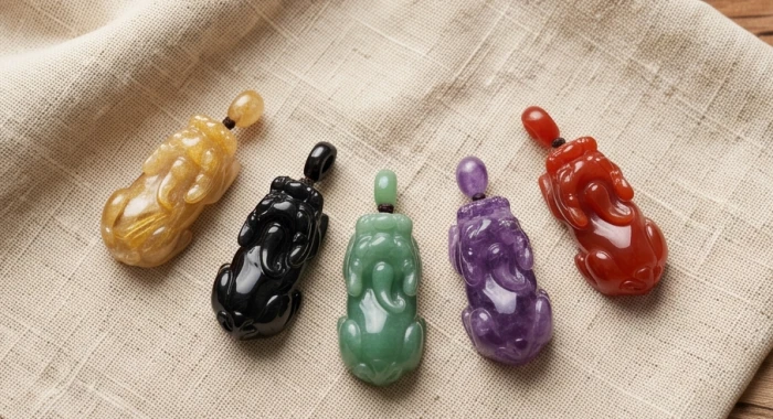 Các mẫu tượng và mặt dây chuyền tỳ hưu chế tác từ đá thạch anh đa màu hợp ngũ hành