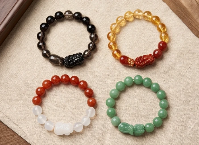 Bộ sưu tập vòng tay tỳ hưu phong thủy đa sắc gồm thạch anh đen vàng đỏ trắng và xanh ngọc