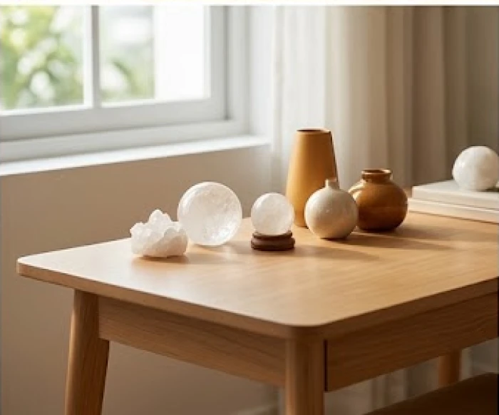 Bàn học sắp xếp tinh tế với quả cầu thạch anh trắng cùng đồ trang trí màu vàng sẫm mang lại may mắn