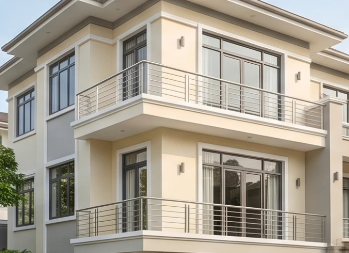 Mặt tiền ngôi nhà sơn màu trắng kem thanh lịch kết hợp lan can kim loại sáng bóng hợp phong thủy gia chủ