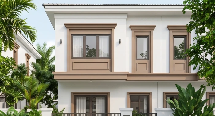 Mặt tiền ngôi nhà hiện đại sơn nền trắng sứ kết hợp phào chỉ và các đường viền trang trí màu nâu đất vững chãi