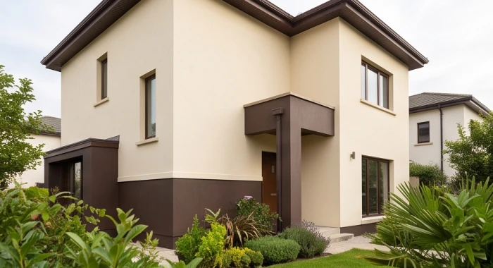 Mặt tiền nhà phố sơn màu vàng kem đất nhẹ nhàng phối cùng chân tường viền nâu đậm chắn nắng và bền màu