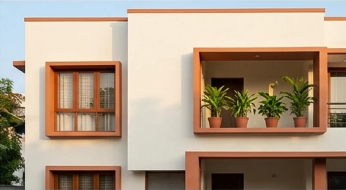 Mặt tiền ngôi nhà hướng Tây sơn tường màu trắng be phản nhiệt kết hợp điểm nhấn viền ban công cam đất ấm áp