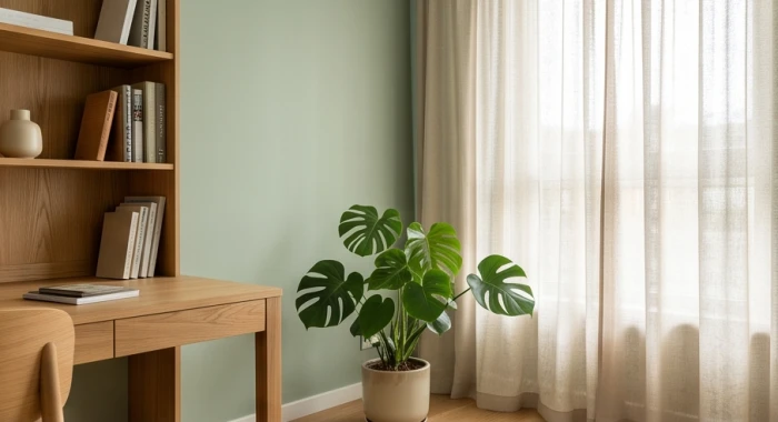Phòng làm việc tông màu xanh rêu nhạt kết hợp kệ sách gỗ cho gia chủ mệnh Hỏa