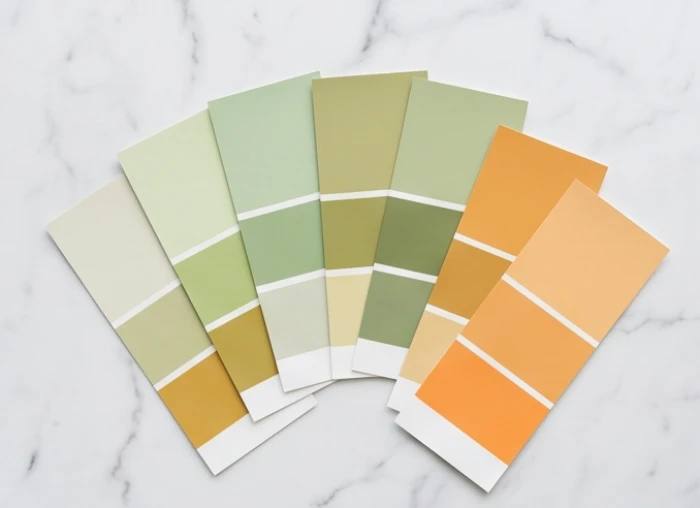Bảng màu sơn nội thất với các tông màu xanh lá pastel, xanh ô liu và điểm nhấn màu cam ấm áp