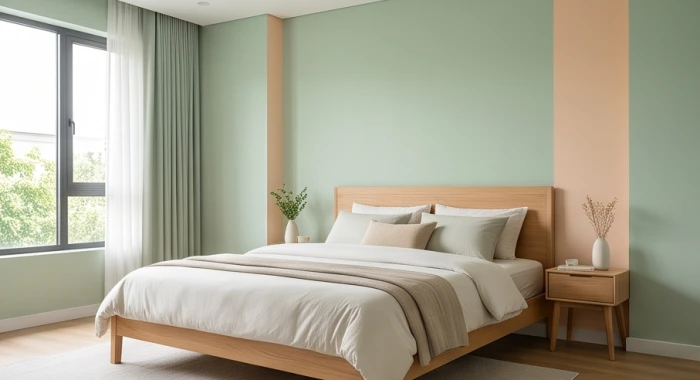 Phòng ngủ tuổi Giáp Tuất 1994 với tường điểm nhấn hồng pastel hài hòa trên nền xanh lá dịu mắt