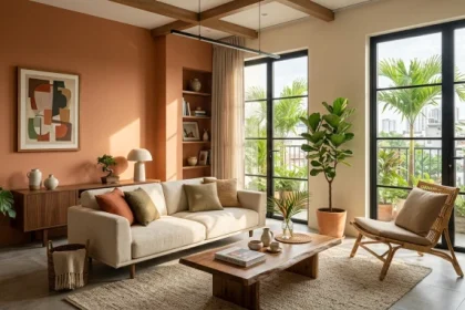 Không gian phòng khách hiện đại ứng dụng màu sơn nhà hợp tuổi ngọ giúp cân bằng ngũ hành