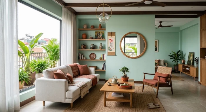 Không gian phòng khách hiện đại ứng dụng màu sơn nhà hợp tuổi thìn chuẩn phong thủy tương sinh