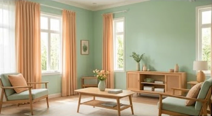 Không gian phòng khách sơn màu xanh ngọc bích nhạt kết hợp với rèm cửa màu cam pastel ấm cúng