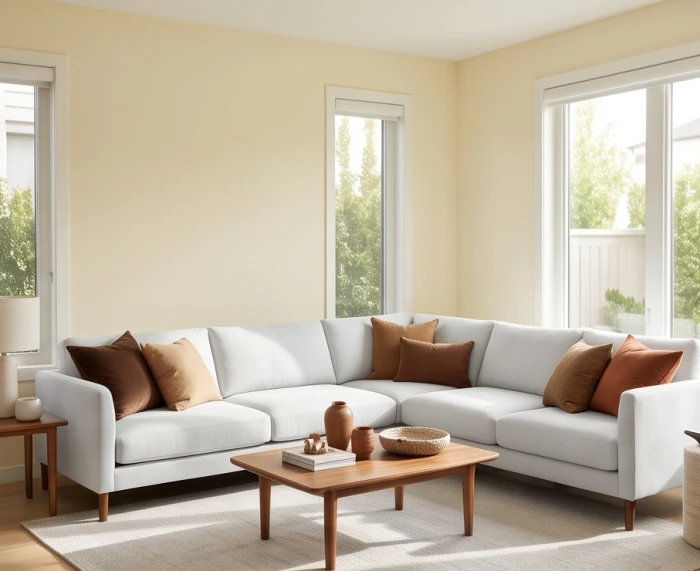 Phòng khách chuẩn công thức phối màu tường vàng kem cùng sofa trắng xám và điểm nhấn gối tựa nâu cho Canh Tuất