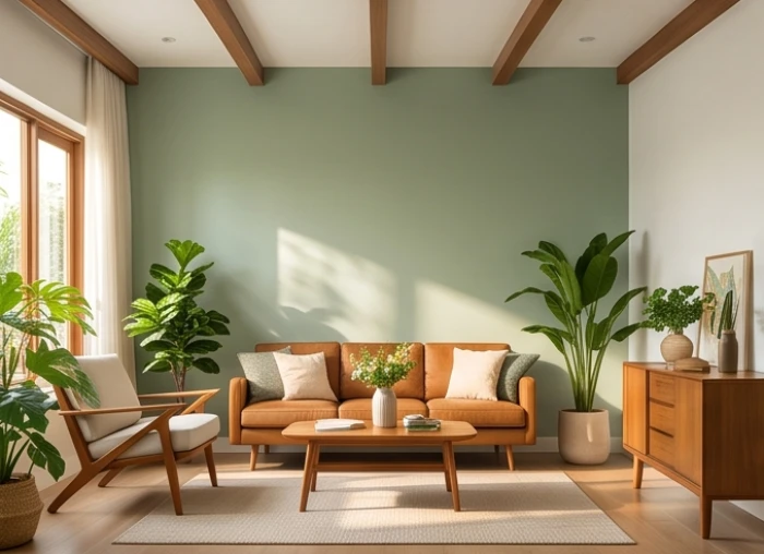 Bức tường phòng khách sơn màu xanh lá cây êm ái kết hợp cùng đồ nội thất bố trí chuẩn hướng đón nắng