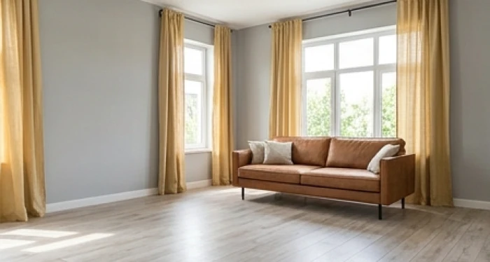Phòng khách phối màu xám nhạt chủ đạo kết hợp ghế sofa nâu đất và rèm cửa màu vàng cát