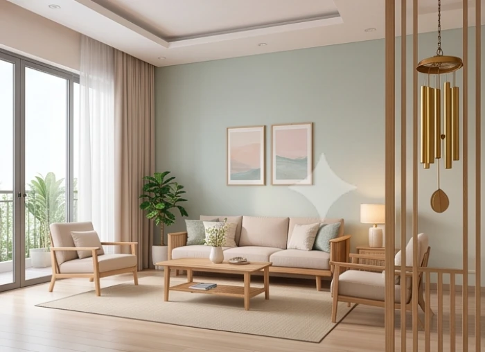 Phòng khách phong cách truyền thống hiện đại sử dụng gam màu trung tính nhạt cùng vật dụng nội thất tinh tế