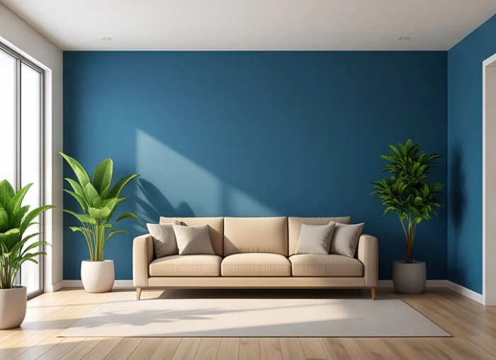 Phòng khách hiện đại có mảng tường sơn điểm nhấn màu xanh nước biển đậm tương sinh ngũ hành cho gia chủ mệnh Tang Đố Mộc