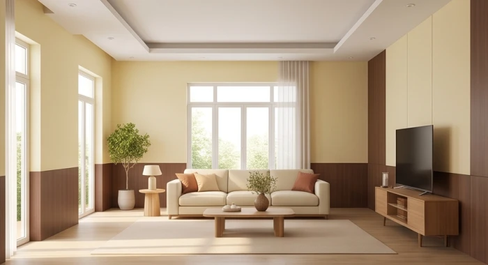 Phòng khách hiện đại sơn tường màu vàng nhạt ấm cúng kết hợp mảng nhấn tường chân màu nâu đất vững chãi hài hòa