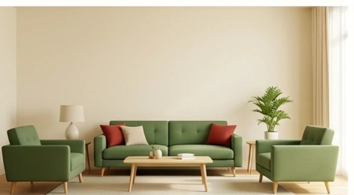 Phòng khách phong thủy sử dụng tông màu kem chủ đạo kết hợp ghế sofa xanh lá và gối tựa màu đỏ rực