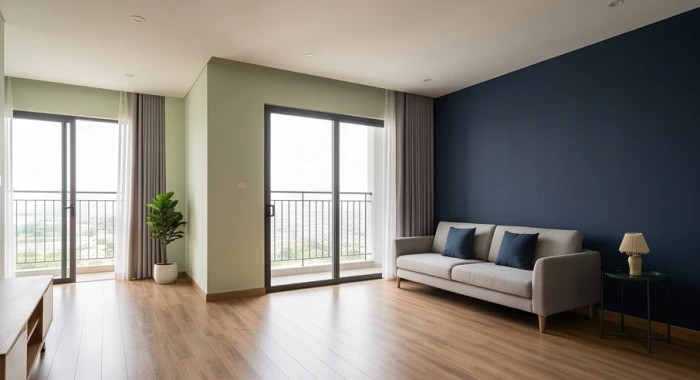 Không gian phòng khách gia chủ Quý Sửu nổi bật với mảng tường nhấn phía sau ghế sofa được sơn màu xanh lam sậm hiện đại